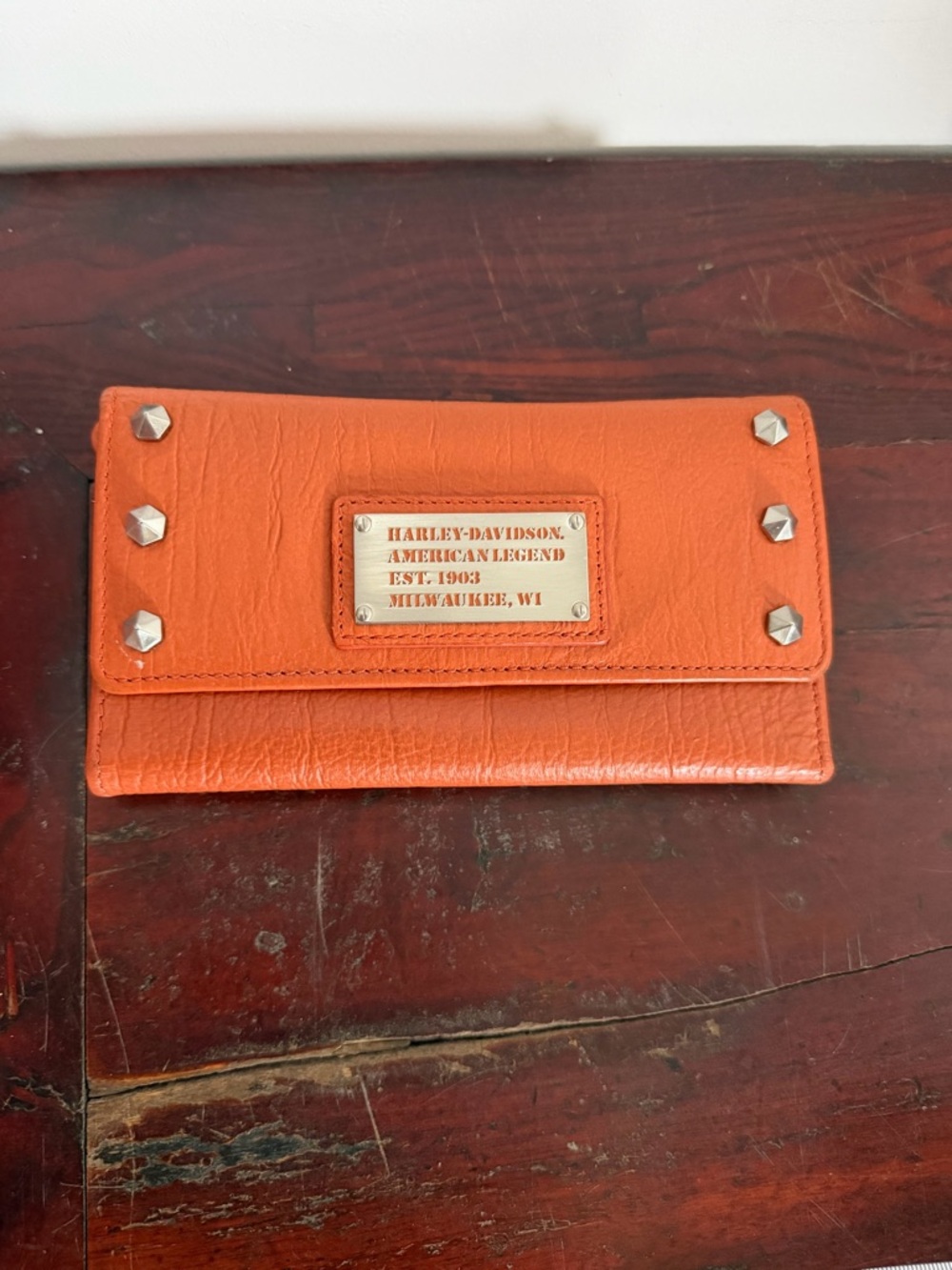 Harley-Davidson All Bark Orange Leather Studded Trifold Clutch Wallet